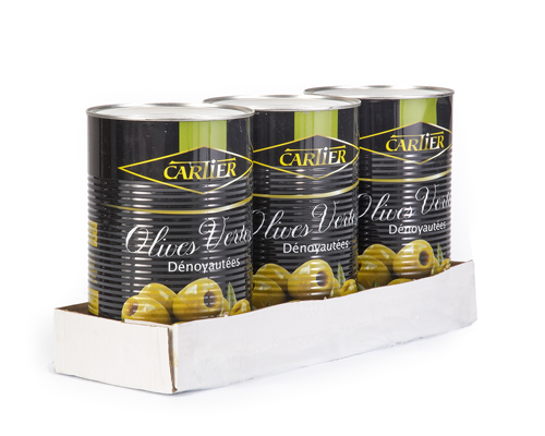 OLIVES VERTES DÉNOYAUTÉES - CARTIER 3 x 9 lb - Poids net égoutté 6 kg